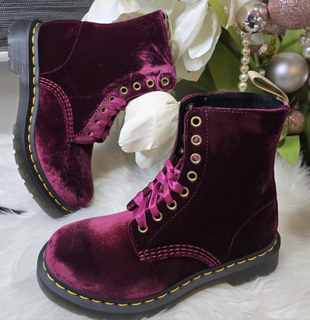 Dr. Martens Women’s Vegan 1460 Pascal Velvet Boots – 8-Eye Lace-Up Combat Boot 5